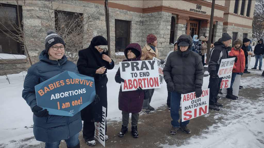 Pro-life Montanas gather outside the Flathead County Courthouse for the March For Life in Kalispell, Montana